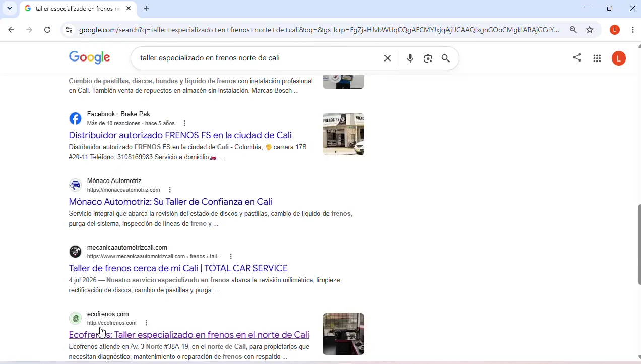 EcoFrenos visible en Google para una búsqueda de taller especializado en frenos en el norte de Cali