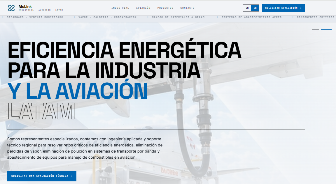 Página principal de McLink Industrial orientada a eficiencia energética para industria y aviación