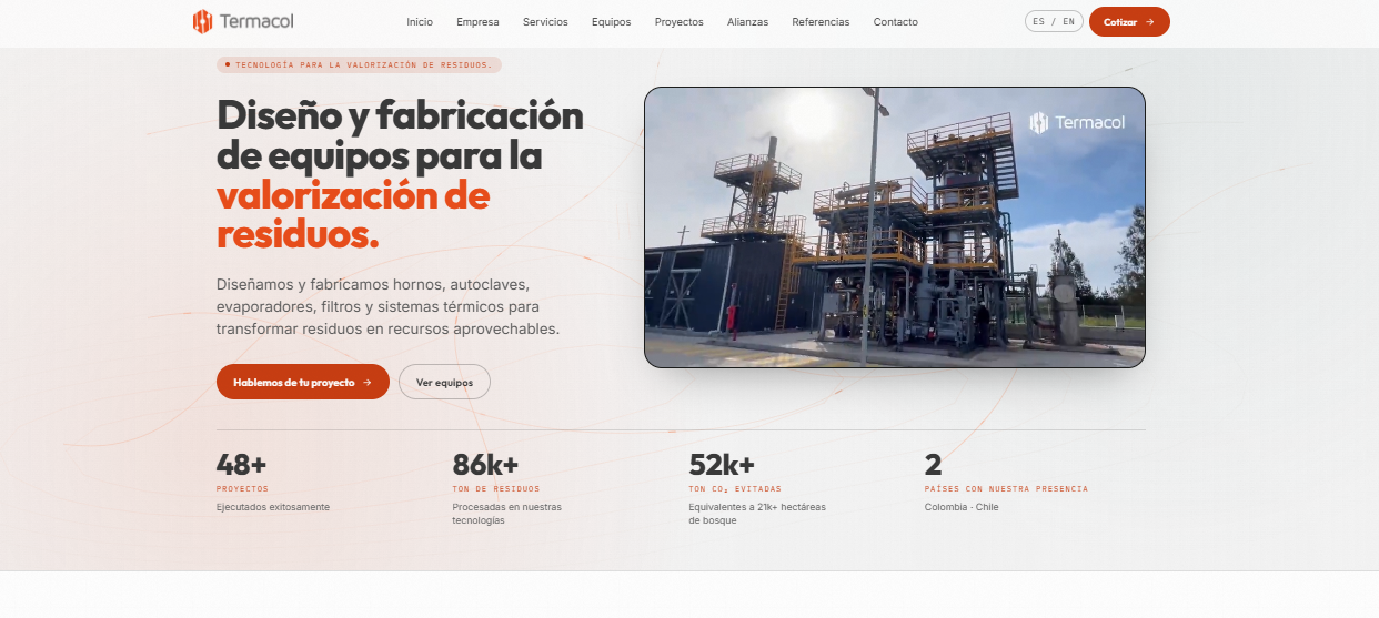 Página principal de Termacol con propuesta de valor, proyecto industrial y cifras de impacto